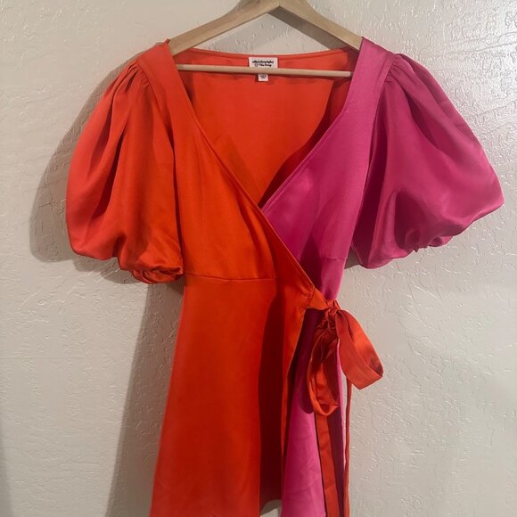 Officiallyquigley X The Drop Color Block Orange & Pink Puffy Sleeve Mini Dress - Picture 2 of 13